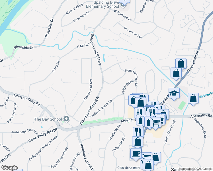 map of restaurants, bars, coffee shops, grocery stores, and more near 6795 Brandon Mill Road Northwest in Sandy Springs
