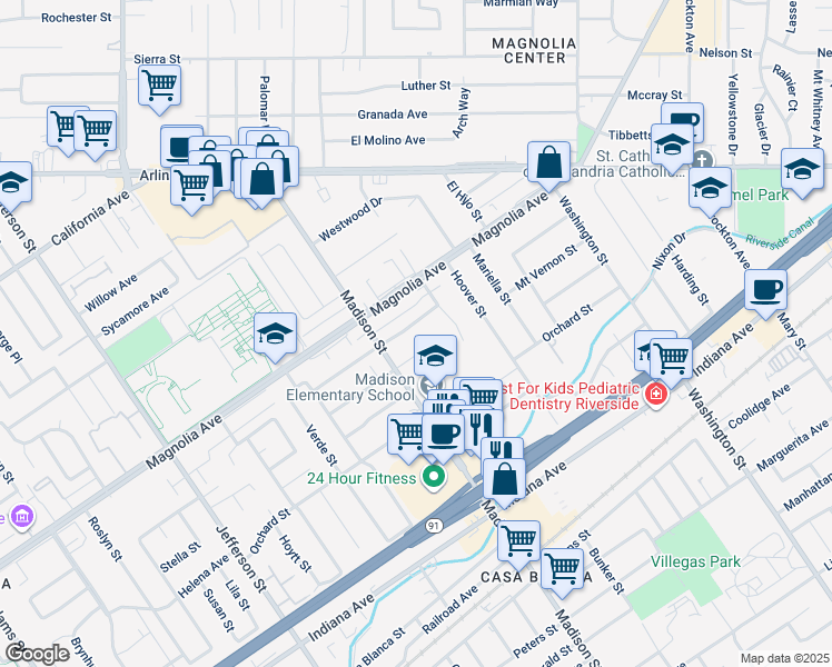 map of restaurants, bars, coffee shops, grocery stores, and more near 7442 Potomac Street in Riverside