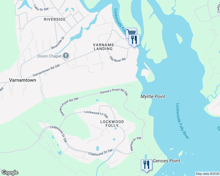 map of restaurants, bars, coffee shops, grocery stores, and more near 329 Genoe's Point Road Southwest in Brunswick County
