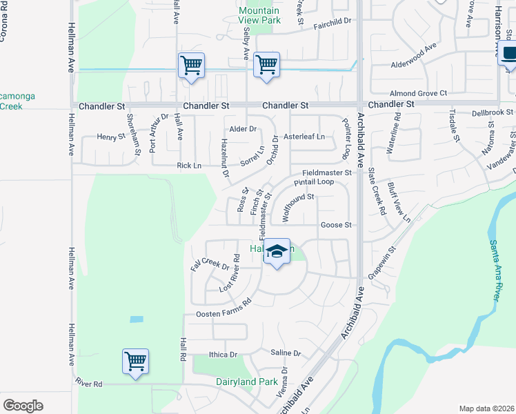 map of restaurants, bars, coffee shops, grocery stores, and more near 8132 Finch Street in Corona