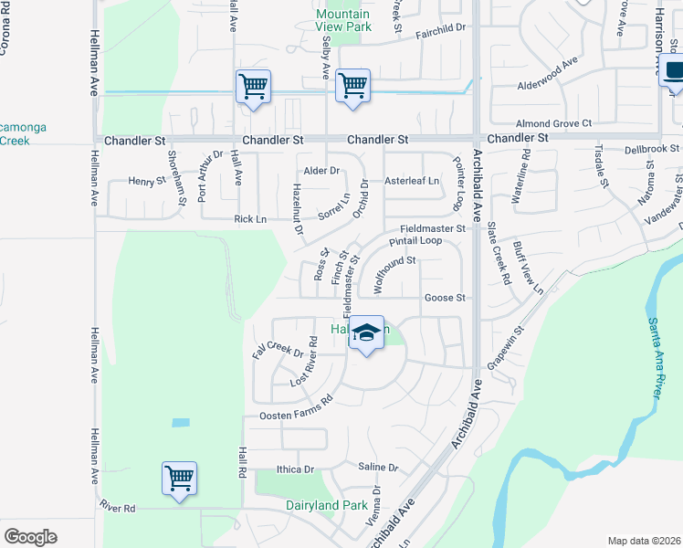 map of restaurants, bars, coffee shops, grocery stores, and more near 8132 Finch Street in Corona
