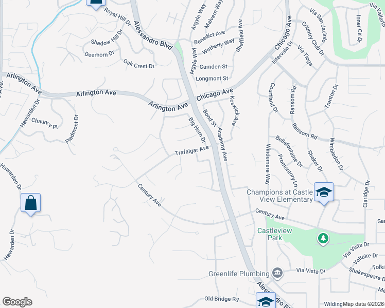 map of restaurants, bars, coffee shops, grocery stores, and more near 6141 Bluffwood Drive in Riverside