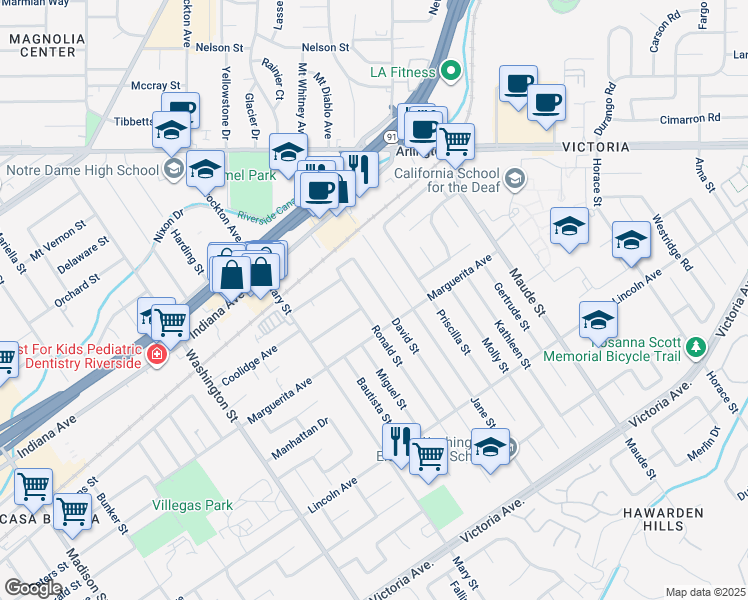map of restaurants, bars, coffee shops, grocery stores, and more near 3160 David Street in Riverside