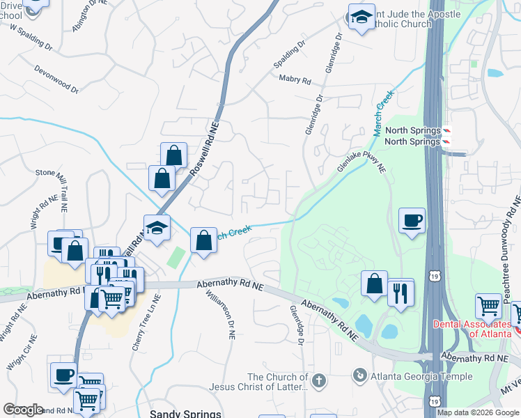 map of restaurants, bars, coffee shops, grocery stores, and more near 6925 Roswell Road Northeast in Sandy Springs