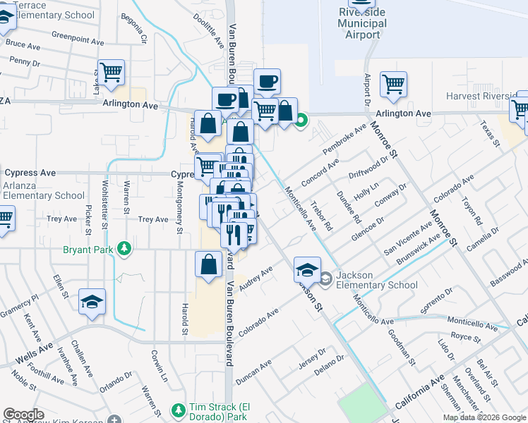 map of restaurants, bars, coffee shops, grocery stores, and more near 4841 Jackson Street in Riverside