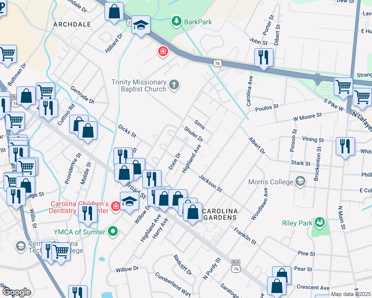 map of restaurants, bars, coffee shops, grocery stores, and more near 216 Highland Avenue in Sumter