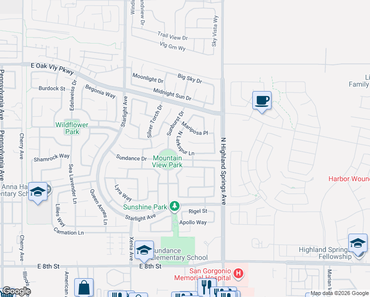 map of restaurants, bars, coffee shops, grocery stores, and more near 1215 North Larkspur Lane in Beaumont