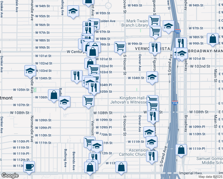 map of restaurants, bars, coffee shops, grocery stores, and more near 744 West 105th Street in Los Angeles