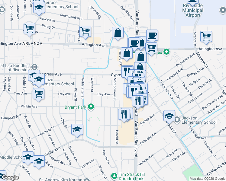 map of restaurants, bars, coffee shops, grocery stores, and more near 7730 Trey Avenue in Riverside