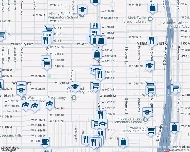 map of restaurants, bars, coffee shops, grocery stores, and more near 10505 South Vermont Avenue in Los Angeles