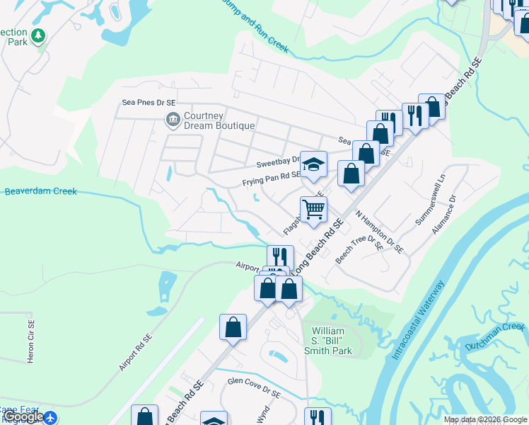map of restaurants, bars, coffee shops, grocery stores, and more near 4341 Flagship Avenue Southeast in Southport