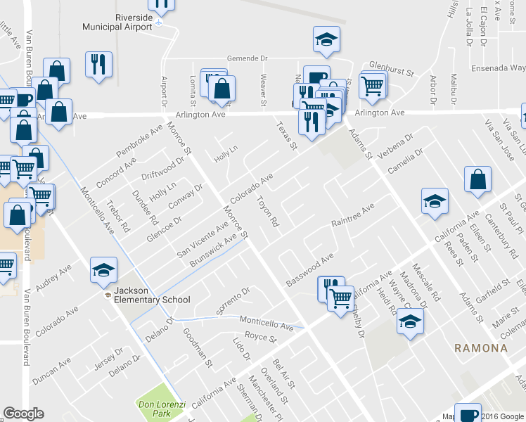 map of restaurants, bars, coffee shops, grocery stores, and more near 4530 Toyon Rd in Riverside