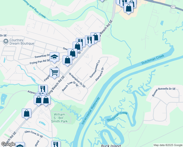 map of restaurants, bars, coffee shops, grocery stores, and more near 4954 Summerswell Lane in Southport