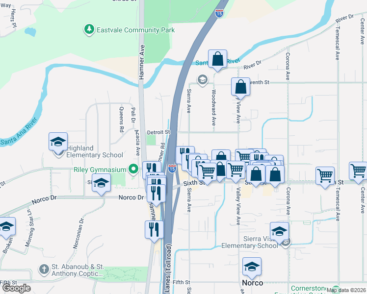 map of restaurants, bars, coffee shops, grocery stores, and more near 4100 Sierra Avenue in Norco