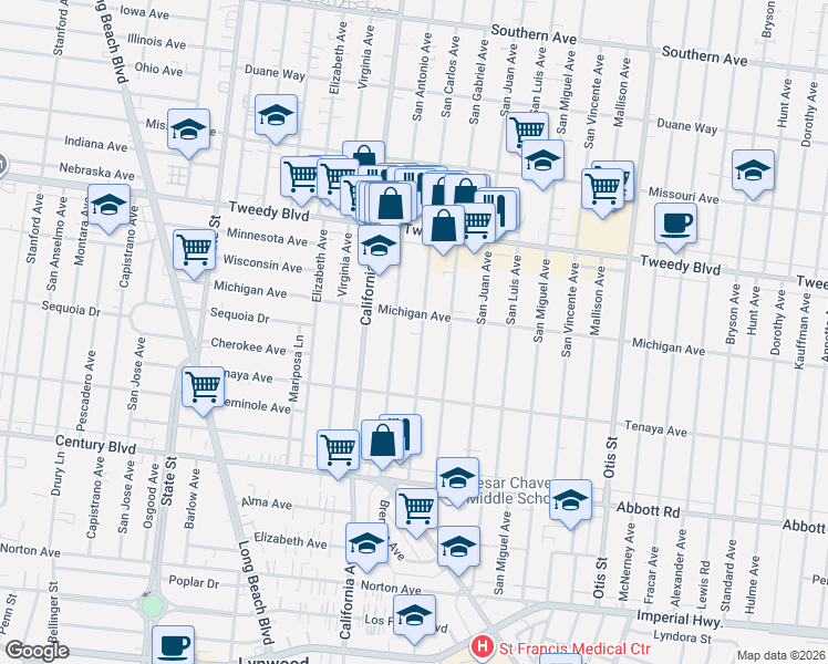 map of restaurants, bars, coffee shops, grocery stores, and more near 10231 San Carlos Avenue in South Gate