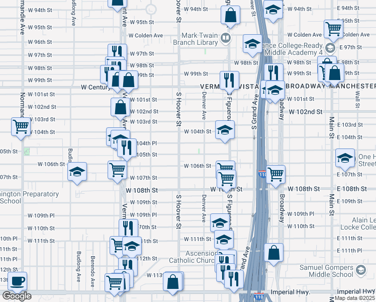map of restaurants, bars, coffee shops, grocery stores, and more near 637 West 105th Street in Los Angeles