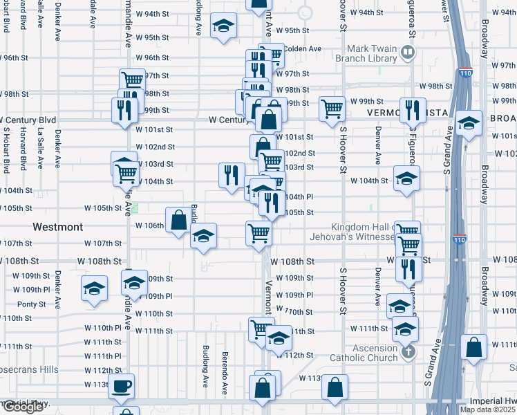 map of restaurants, bars, coffee shops, grocery stores, and more near 10505 South Vermont Avenue in Los Angeles