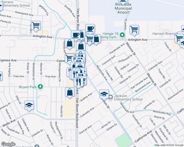 map of restaurants, bars, coffee shops, grocery stores, and more near 4825 Jackson Street in Riverside