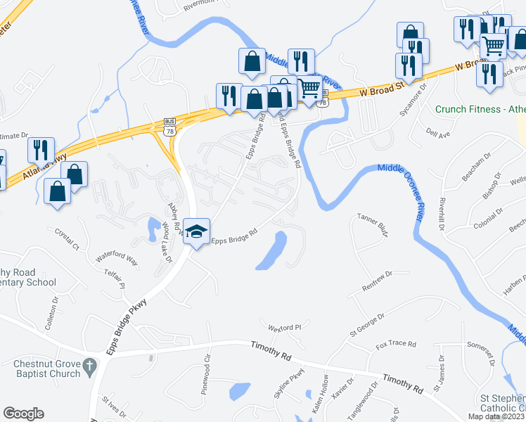 map of restaurants, bars, coffee shops, grocery stores, and more near 123 Tamara Court in Athens