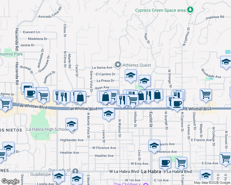 map of restaurants, bars, coffee shops, grocery stores, and more near 911 North Walnut Street in La Habra