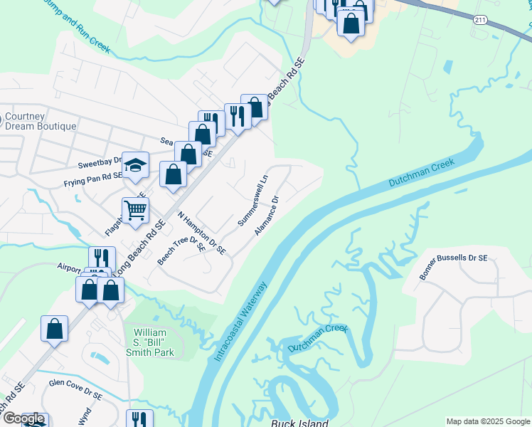 map of restaurants, bars, coffee shops, grocery stores, and more near 4954 Alamance Drive in Southport