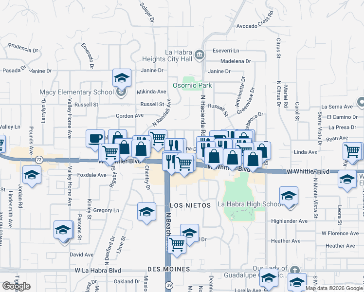 map of restaurants, bars, coffee shops, grocery stores, and more near 1001 Vernon Street in La Habra