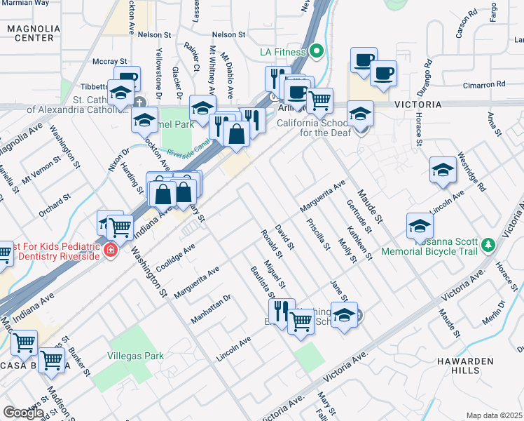 map of restaurants, bars, coffee shops, grocery stores, and more near 3160 David Street in Riverside