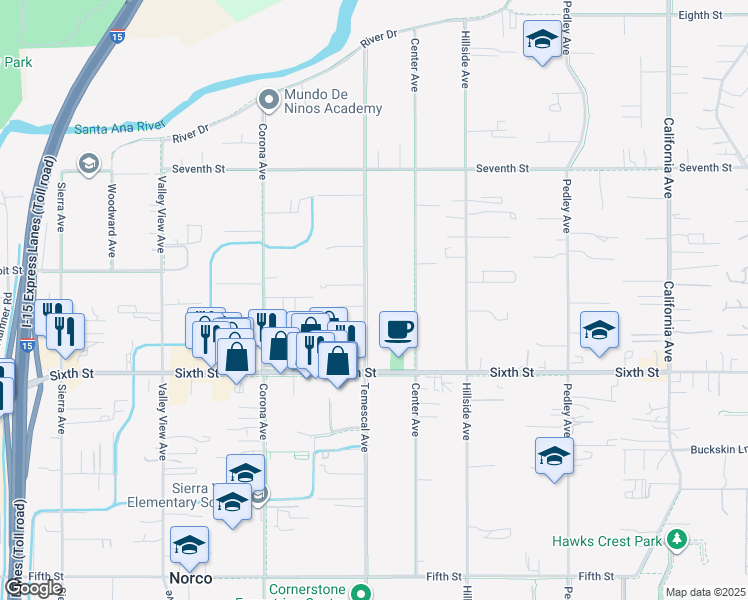 map of restaurants, bars, coffee shops, grocery stores, and more near 4077 Temescal Avenue in Norco