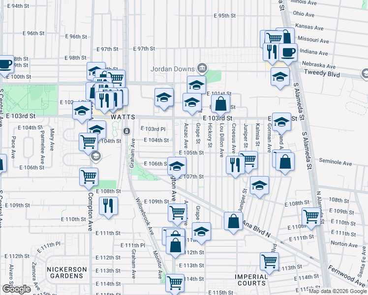map of restaurants, bars, coffee shops, grocery stores, and more near 10413 Anzac Avenue in Los Angeles