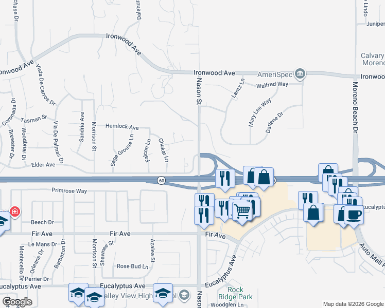 map of restaurants, bars, coffee shops, grocery stores, and more near 12450 Wolverine Circle in Moreno Valley