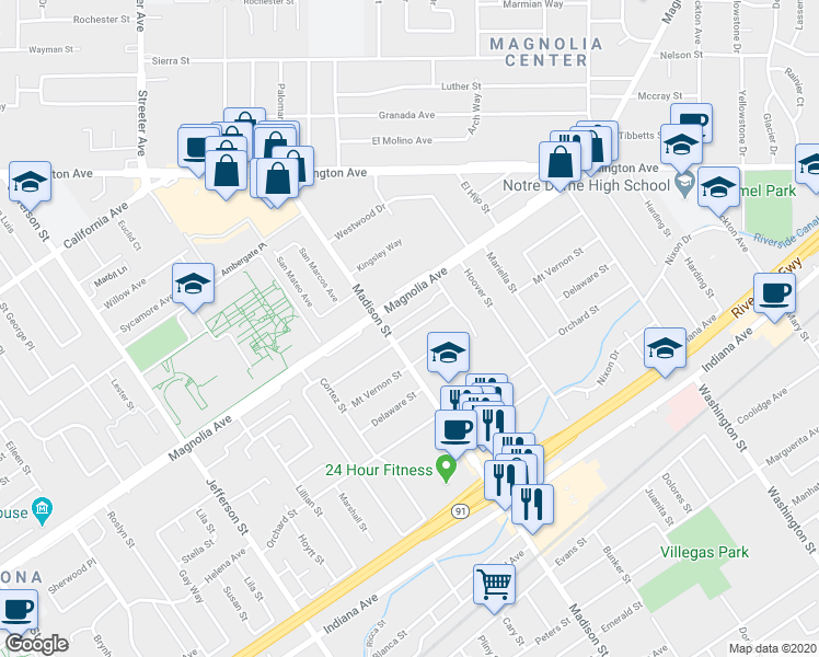 map of restaurants, bars, coffee shops, grocery stores, and more near 7476 Potomac Street in Riverside