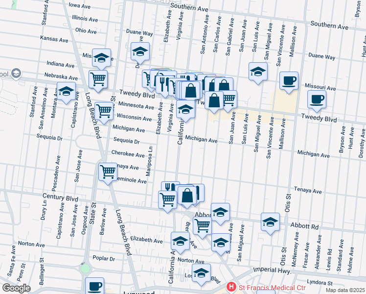 map of restaurants, bars, coffee shops, grocery stores, and more near 10304 California Avenue in South Gate