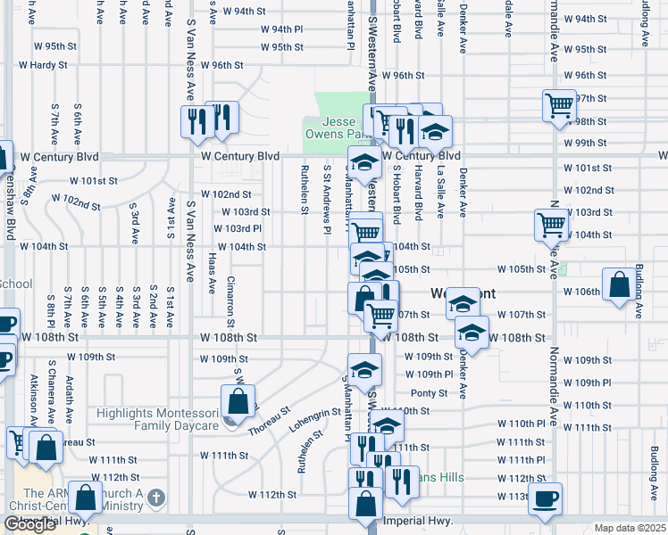 map of restaurants, bars, coffee shops, grocery stores, and more near 10514 South Saint Andrews Place in Los Angeles