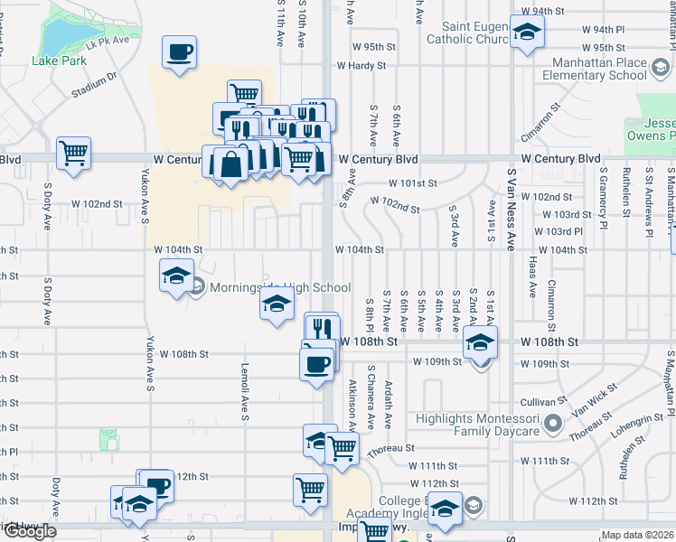 map of restaurants, bars, coffee shops, grocery stores, and more near 10518 Crenshaw Boulevard in Inglewood