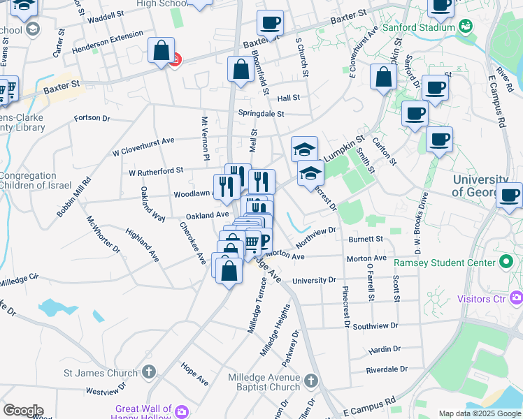 map of restaurants, bars, coffee shops, grocery stores, and more near 1570 South Lumpkin Street in Athens