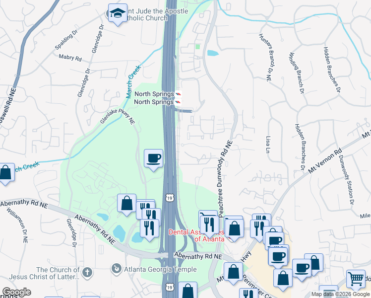 map of restaurants, bars, coffee shops, grocery stores, and more near 182 Peachtree Hollow Court Northeast in Atlanta