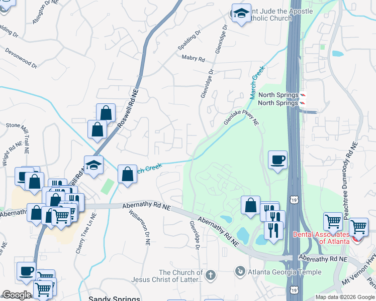 map of restaurants, bars, coffee shops, grocery stores, and more near 6800 Glenridge Drive in Sandy Springs