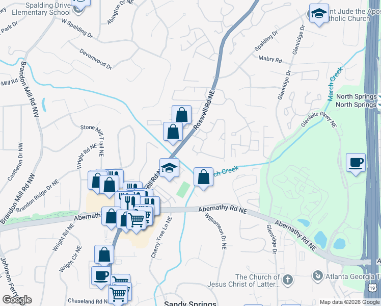 map of restaurants, bars, coffee shops, grocery stores, and more near 6701 Roswell Rd in Atlanta