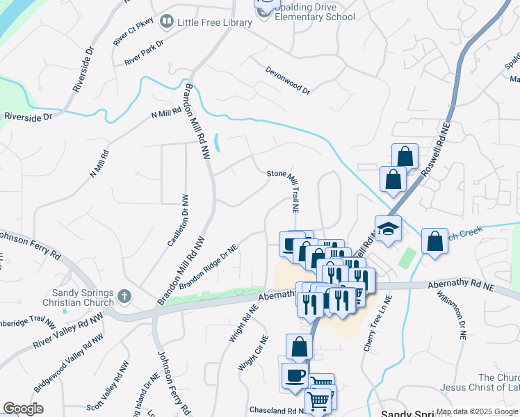 map of restaurants, bars, coffee shops, grocery stores, and more near 6800 Wright Road Northeast in Atlanta