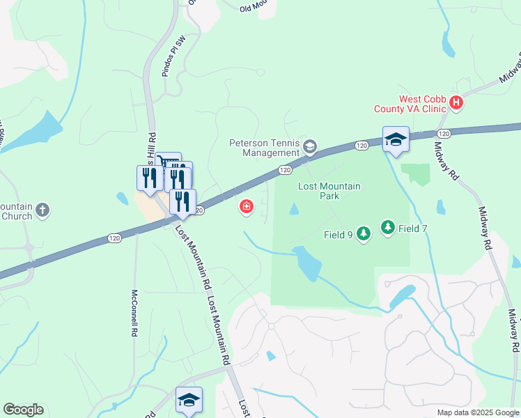 map of restaurants, bars, coffee shops, grocery stores, and more near 530 Mount Park Drive in Powder Springs