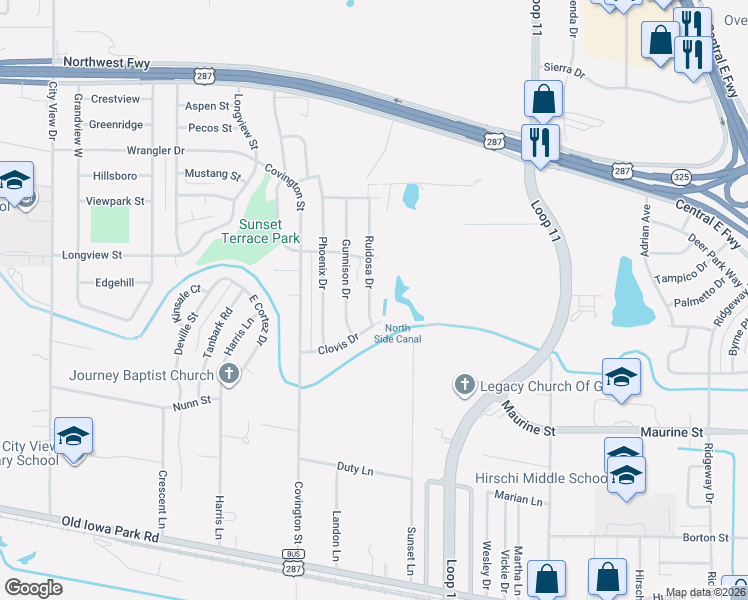 map of restaurants, bars, coffee shops, grocery stores, and more near 1401 Ruidosa Drive in Wichita Falls