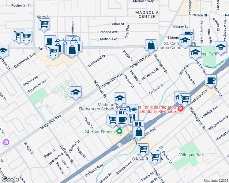 map of restaurants, bars, coffee shops, grocery stores, and more near 7442 Potomac Street in Riverside