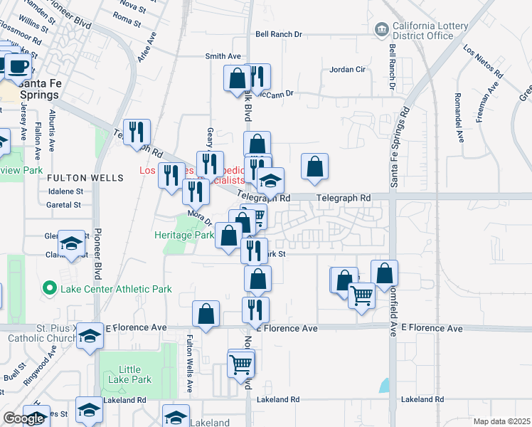 map of restaurants, bars, coffee shops, grocery stores, and more near 12201-12599,12200-12598 Park Ave in Santa Fe Springs