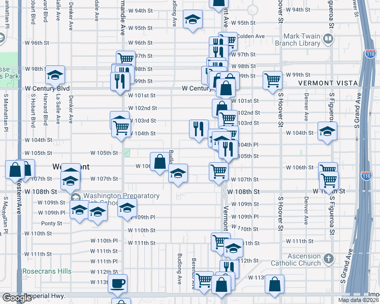 map of restaurants, bars, coffee shops, grocery stores, and more near 1114 West 105th Street in Los Angeles