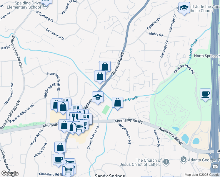 map of restaurants, bars, coffee shops, grocery stores, and more near 6701 Roswell Rd in Atlanta