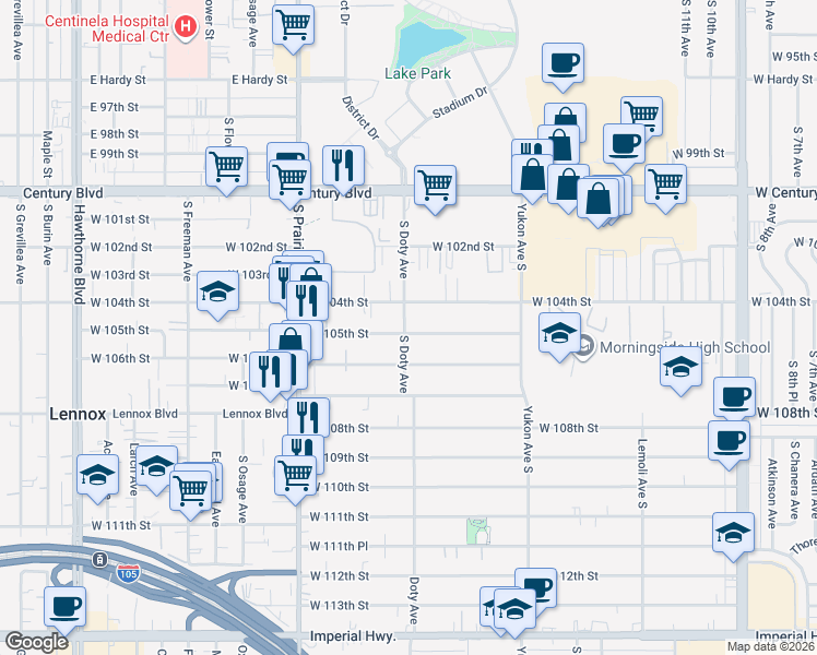 map of restaurants, bars, coffee shops, grocery stores, and more near 3761 West 105th Street in Inglewood