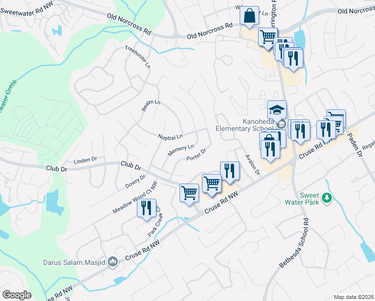 map of restaurants, bars, coffee shops, grocery stores, and more near 2799 Porter Drive in Lawrenceville
