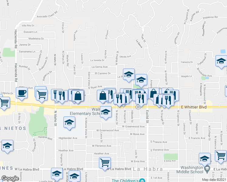 map of restaurants, bars, coffee shops, grocery stores, and more near 971 North Walnut Street in La Habra