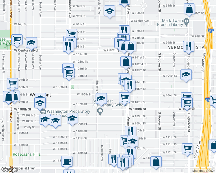 map of restaurants, bars, coffee shops, grocery stores, and more near 1114 West 105th Street in Los Angeles