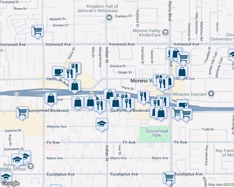 map of restaurants, bars, coffee shops, grocery stores, and more near 24757 Alessandro Boulevard in Moreno Valley